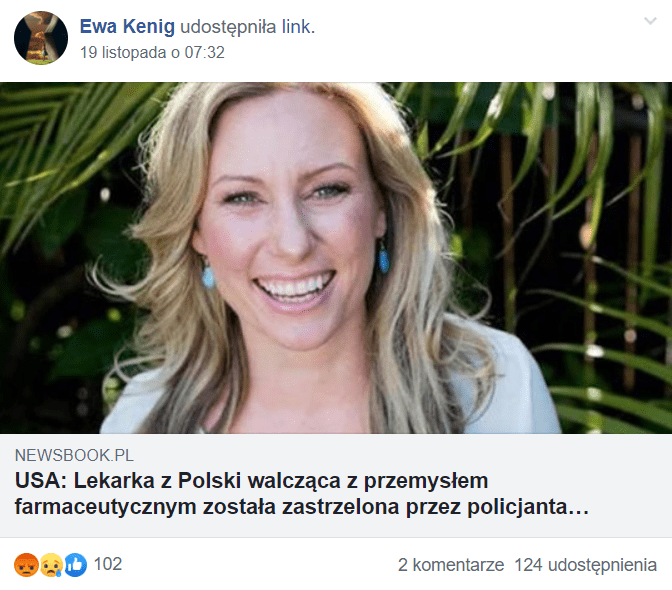 Nie, lekarka z Polski nie została zastrzelona, bo walczyła z przemysłem farmaceutycznym