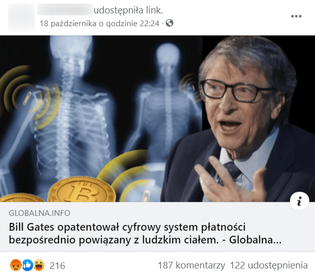 Zrzut ekranu z artykułem "Bill Gates opatentował cyfrowy system płatności bezpośrednio powiązany z ludzkim ciałem".