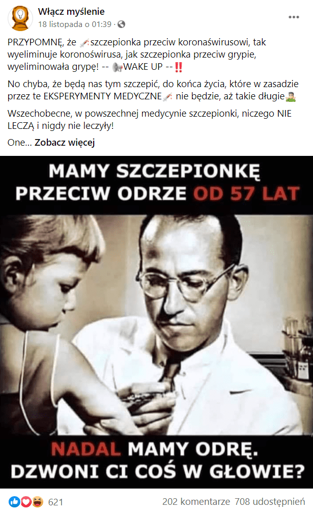 Post z Facebooka, na grafice widzimy mężczyznę szczepiącego dziecko i podpis "mamy szczepionkę przeciw odrze od 57 lat, nadal mamy odrę. Dzwoni Ci coś w głowie?"