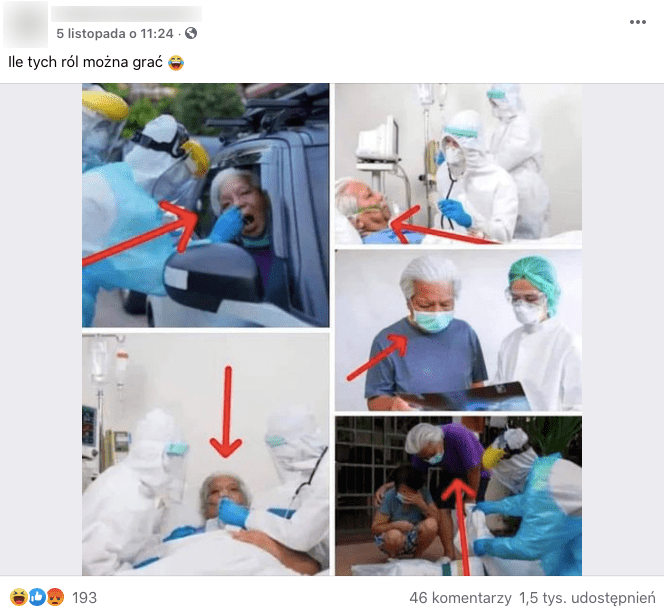 Post z Facebooka, widzimy na nim zdjęcia meżczyzny podczas procedur COVID-19