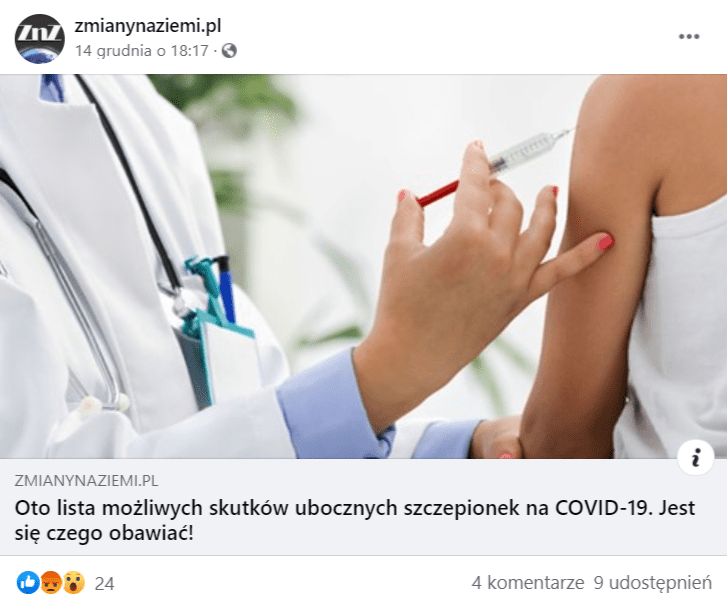 Zrzut ekranu wpisu na Facebooku z odnośnikiem do tekstu na temat efektów ubocznych związanych ze szczepionką. 