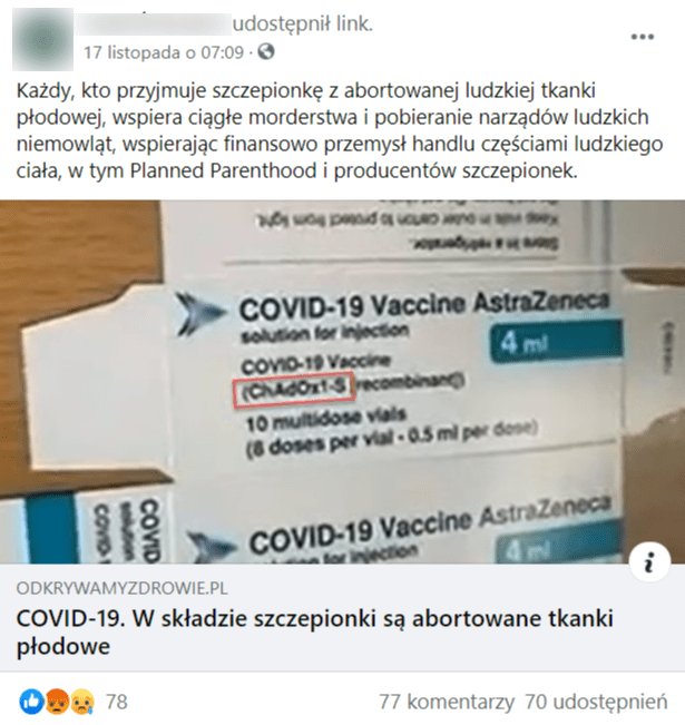 Opakowanie szczepionki AsteraZeneca w poście na Facebooku
