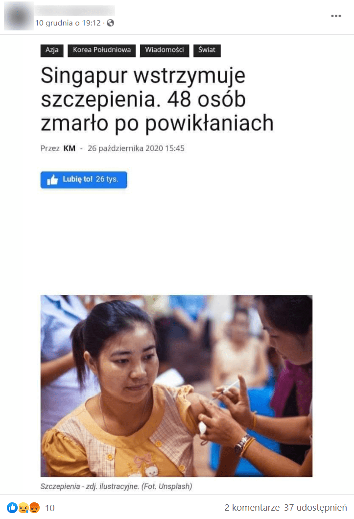 Artykuł czas "Singapur wstrzymuje szczepienia. 48 zmarło po powikłaniach"