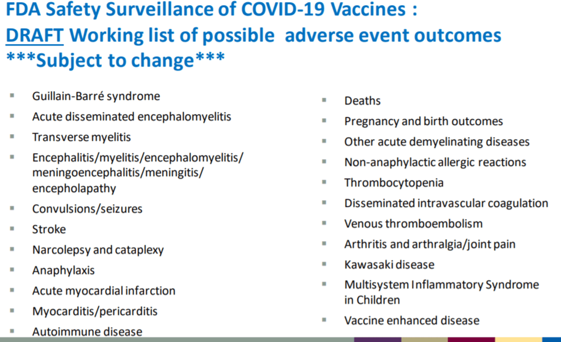 Slajd z prezentacji FDA ze szkicem/wersją roboczą skutków ubocznych szczepionki. 