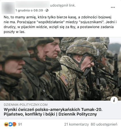 Post na Facebooku, artykuł "Wyniki ćwiczeń polsko-amerykańskich Tumak-20. Pijaństwo, konflikty i bójki"