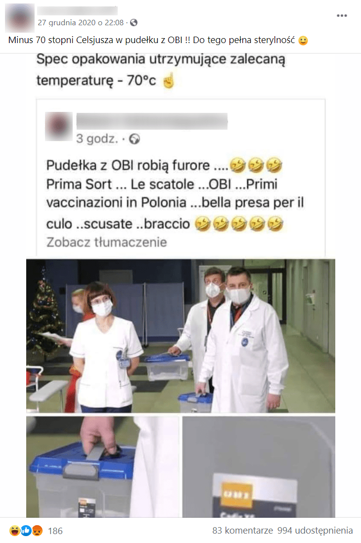 Zdjęcie posta na Facebooku z fotografiami z pierwszego w Polsce szczepienia przeciw COVID-19. 