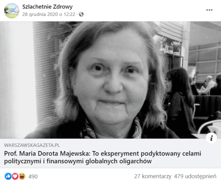 Zdjęcie facebookowego wpisu z odnośnikiem do wywiadu z prof. Marią Dorotą Majewską. 