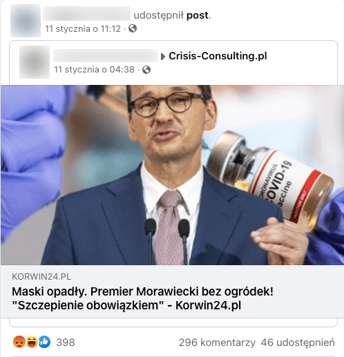 Post na Facebooku z artykułem portalu Korwin24.pl. Na zdjęciu Mateusz Morawiecki, w tle szczepionka na COVID-19.