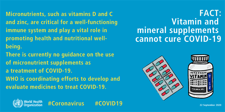 Grafika Światowej Organizacji Zdrowia poświęcona weryfikacji faktów na temat suplementów diety w kontekście COVID-19.