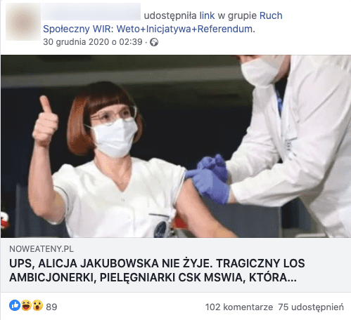 Post na Facebooku z artykułem portalu Nowe Ateny. Na zdjęciu pielęgniarka Alicja Jakubowska.