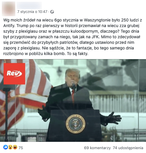 Post na Facebooku, na zdjęciu Roland Trump za plexi