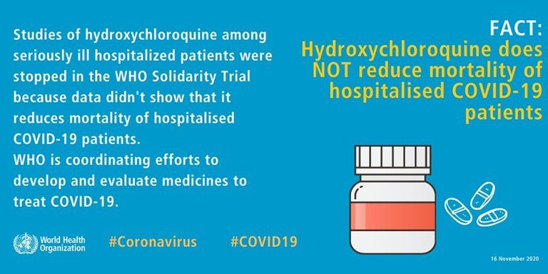 Obrazek WHO dot hydroksychlorochiny. Tekst na nim: "Studies of hydoxychloroquine amonu seriusly ill hospitalized patients were stopped in the WHO Solidarity Trial because data dien't show that it reducels mortality of hospitalised COVID-19 patients. WHO is coordinating effots to developerowi and evaluate medicines to Creat COVID-19.