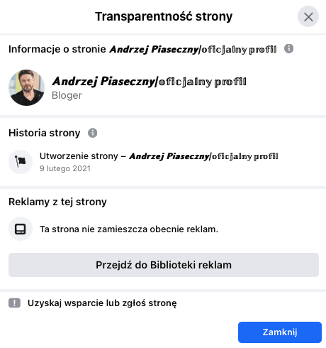 Zakładka transparentność strony na Facebookowym profilu 