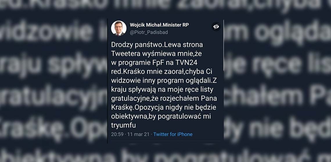 Nie, minister Michał Wójcik nie napisał tego tweeta
