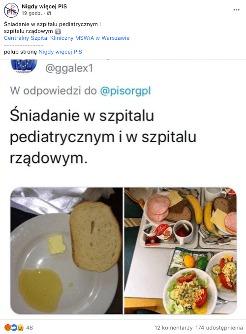 Analizowany post na Facebooku. Na zdjęciu po lewej pusty talerz z jedną kromką chleba, po prawej 3 różne talerze z dużą ilością smacznego jedzenia.