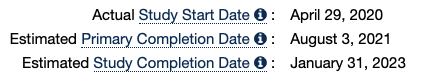 Actual Study Start Date :April 29, 2020 Estimated Primary Completion Date : August 3, 2021 Estimated Study Completion Date : January 31, 2023
