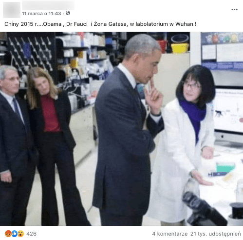 Analizowany post na Facebooku. Na środu widzimy Baracka Obamę z laborantką, która pokazuje mu coś na biurku. Za nimi stoi Dr Fauci i Żona Billa Gatesa.
