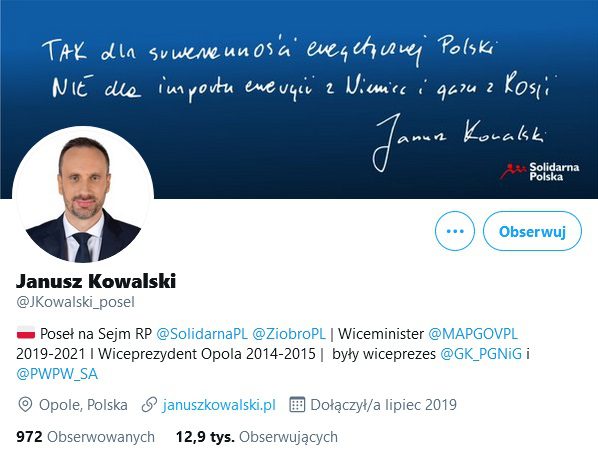 Profil Janusza Kowalskiego na Twitterze.