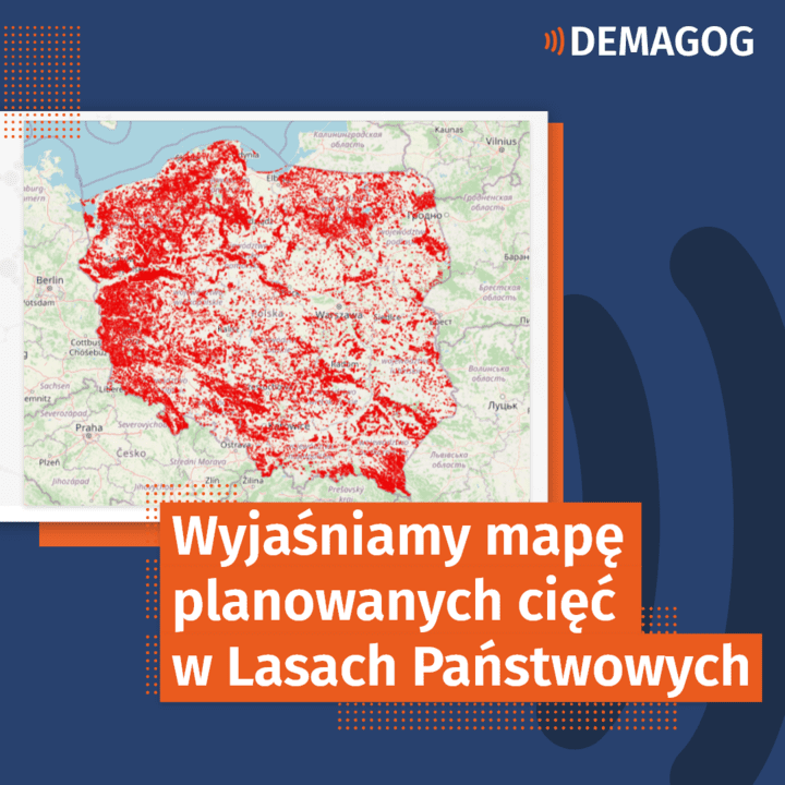 Grafika tytułowa tekstu z niebiesko-pomarańczowymi barwami portalu Demagog. Umieszczono na niej mapę wycinek polskich lasów z dołączonym podpisem "Wyjaśniamy mapę planowanych cięć w Lasach Państwowych". 