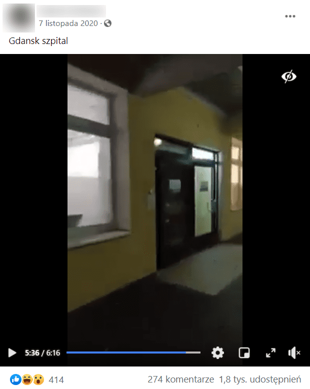 Zdjęcie wpisu na Facebooku z dołączonym filmem. Na uchwyconej klatce widać drzwi szpitala. 