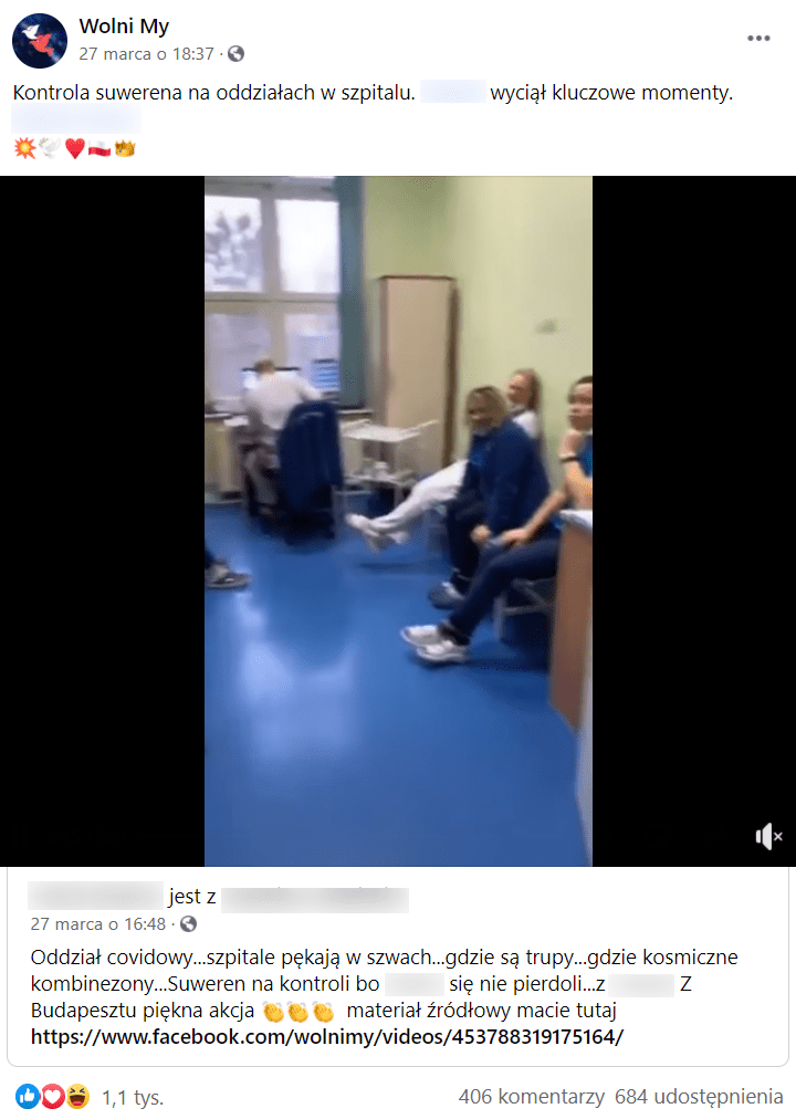 Zdjęcie wpisu na Facebooku wraz z dołączonym nagraniem koronasceptyków odwiedzających szpital. Na uchwyconej klatce widoczny jest personel szpitala przebywający na przerwie. 