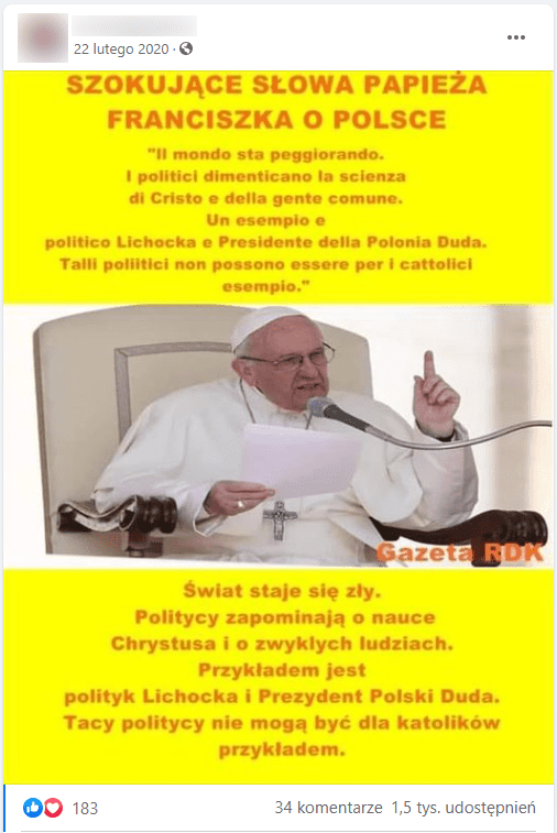 Zdjęcie omawianej grafiki. Znajduje się na niej zdjęcie papieża Franciszka I oraz - na żółtym tle - rzekomy cytat w języku polskim oraz włoskim. 