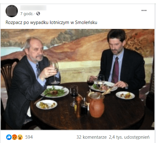 Zdjęcie omawianego postu. Dołączono do niego zdjęcie Antoniego Macierewicza i Roberta Smolenia przy stole w restauracji.
