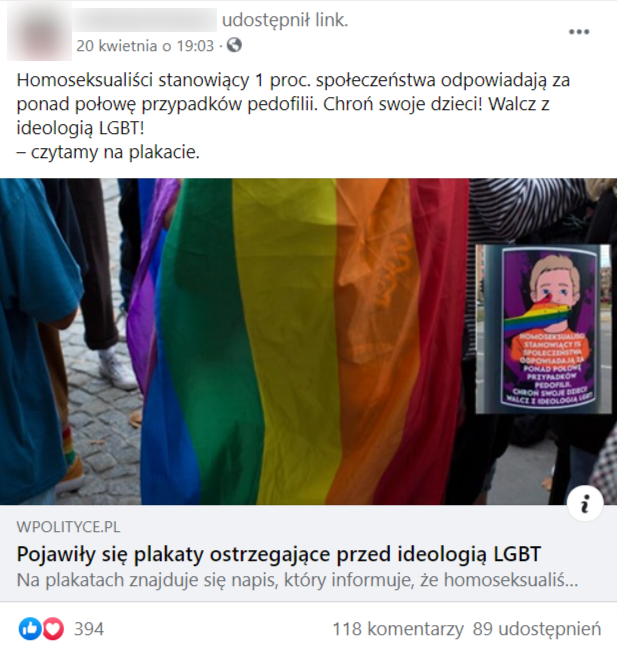 Zrzut ekranu przedstawia posta udostępnionego na grupie facebookowej „Murem za Ministrem Czarnkiem”. Do posta załączony jest artykuł ze zdjęciem tęczowej flagi oraz plakatu ostrzegającego przed „ideologią LGBT”. 