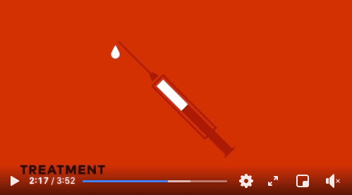 Stopklatka z filmu z wystąpieniem Billa Gatesa podczas konferencji w 2015 roku - grafika przedstawia strzykawkę na czerwonym tle, na końcu igły strzykawki - biała kropla. 