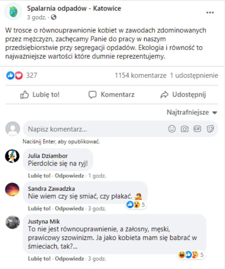 Zrzut ekranu - post na fałszywym profilu „Spalarnia odpadów - Katowice”.