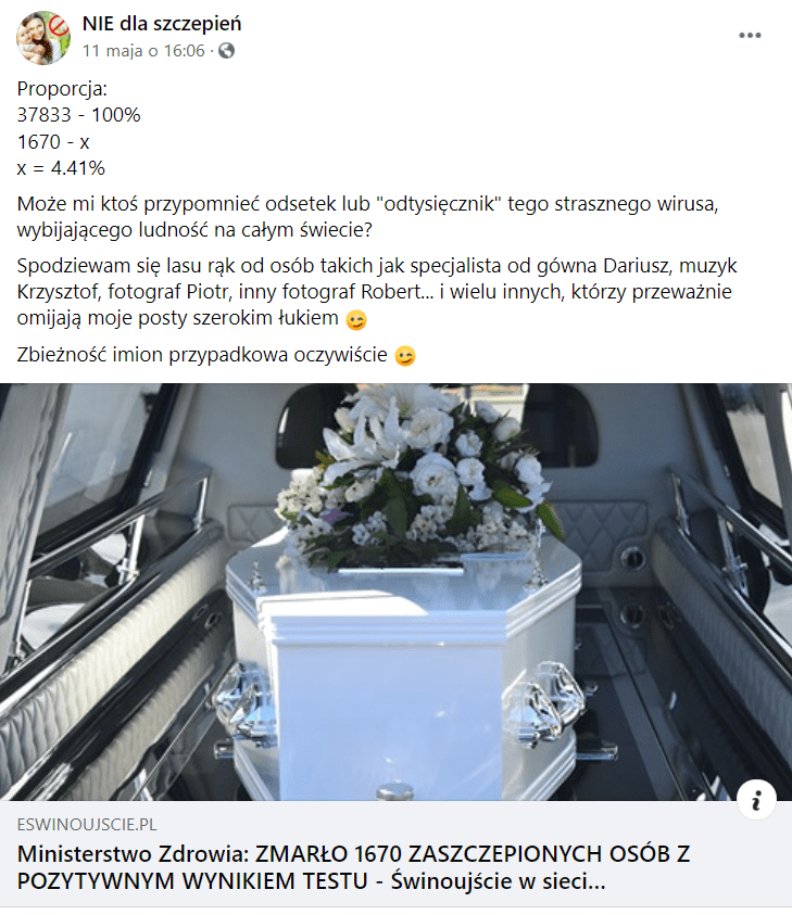 Wpis na Facebooku zawierający odnośnik do tekstu o szczepieniach przeciw COVID-19 na portalu Eswinoujscie.pl. Na zdjęciu, którym opatrzono artykuł, pokazano trumnę wewnątrz karawany pogrzebowej.