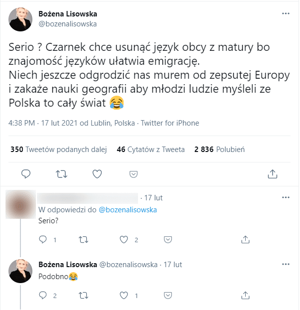 Zrzut ekrany przedstawiający wymianę tweetów pomiędzy Bożeną Lisowską, a jedną z internautek.