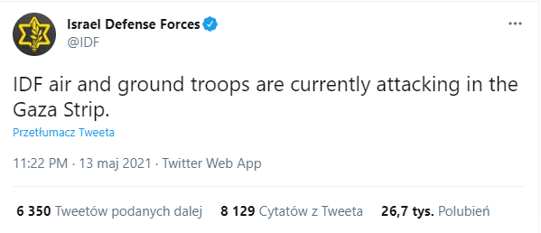 Zdjęcie omawianego twitta z oficjalnego konta armii izraelskiej.