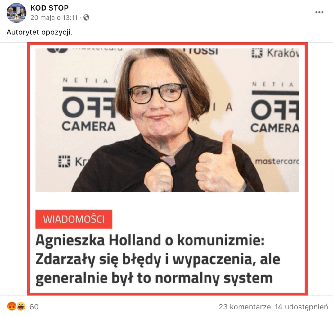 Zrzut ekranu posta, który opublikowany został na profilu facebookowym „KOD STOP” - w czerwonej ramce zdjęcie Agnieszki Holland, pod zdjęciem oznaczony na czerwono napis „Wiadomości”, a pod nim wspomniany rzekomy cytat.