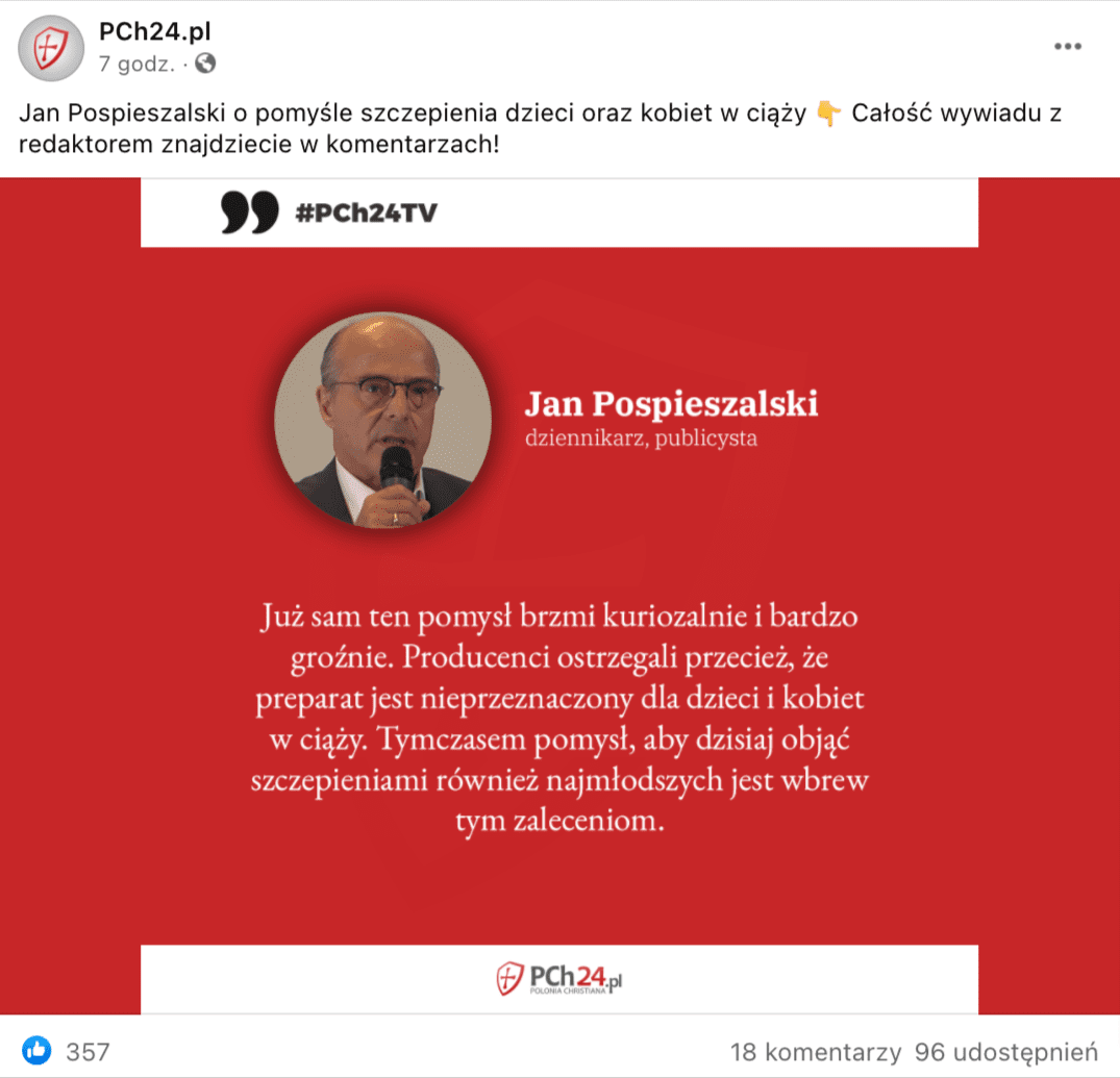 Grafika z posta opublikowanego na profilu PCh24.pl. Na czerwonym tle wypowiedź Jana Pospieszalskiego, w okrągłej ramce - zdjęcie dziennikarza. U dołu grafiki logotyp profilu. 