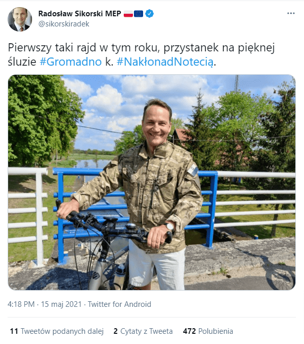 Zdjęcie omawianego tweeta na oficjalnym koncie Radosława Sikorskiego na Twitterze.