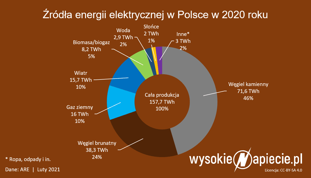 Grafika przedstawiająca diagram z procentowym udziałem różnych źródeł energii elektrycznej w Polsce w 2020 roku. Według niego najwięcej energii uzyskujemy kolejno: z węgla kamiennego (46 proc.) i węgla brunatnego (24 proc).