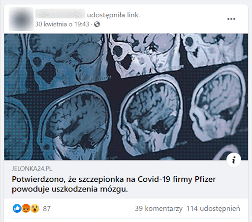 Na zrzucie ekranu widać post udostępniony w serwisie Facebook. Użytkownik opublikował link do artykułu zatytułowanego „Potwierdzono, że szczepionka na Covid-19 firmy Pfizer powoduje uszkodzenia mózgu”, który pochodzi z serwisu Jelonka24.pl.