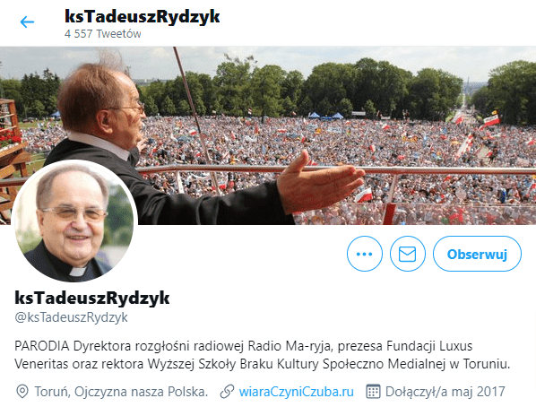 Zrzut ekranu profilu na Twitterze @ksTadeuszRydzyk.