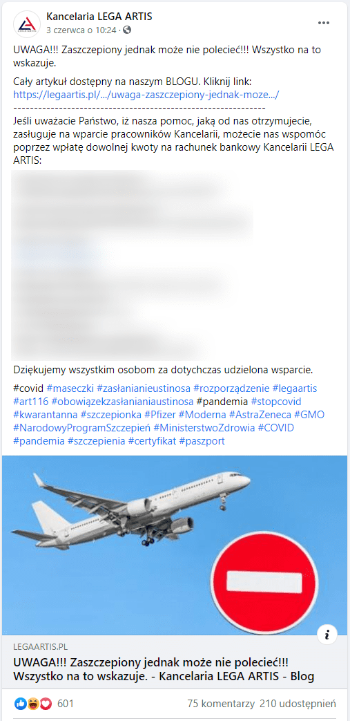 Zrzut ekrany posta udostepnionego na Facebooku. Zilustrowany jest zdjęciem lecącego samolotu i znakiem drogowym „zakaz wjazdu”.