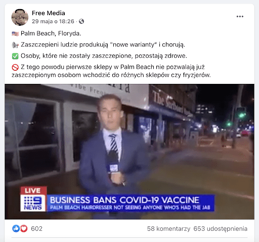 Zrzut ekranu z Facebooka. Na zdjęciu widzimy ubranego w garnitur reportera, który stoi na ulicy przed lokalem, którego właścicielka zdecydowała się bojkotować klientów zaszczepionych przeciw COVID-19. To kadr z telewizji 9News.