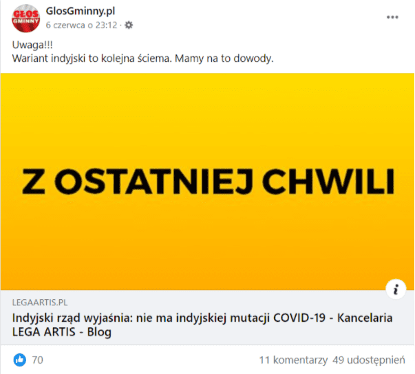 Zrzut ekranu wpisu na profilu GlosGminny.pl. Poniżej dodano link do artykułu na legaartis.pl, który opatrzono grafiką z czarnym napisem „Z OSTATNIEJ CHWILI” na żółtym tle. Na wpis zareagowało 70 osób, a 49 udostępniło go dalej na swoich tablicach.