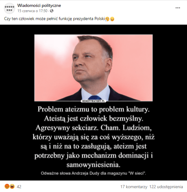 Zrzut ekranu posta na Facebooku, przedstawiającego Andrzeja Dudę oraz jego rzekomy cytat.