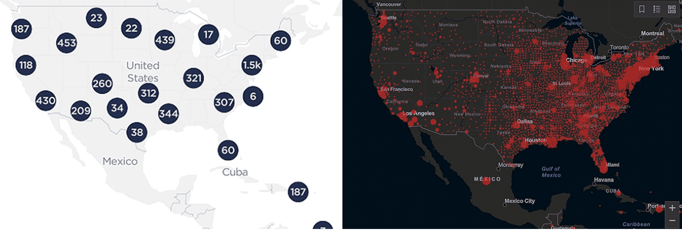Zestawienie map przedstawiających obszar USA. Na jednej z nich dane dotyczące infrastruktury sieci 5G, na drugiej największe miejskie ogniska wirusa SARS-CoV-2.