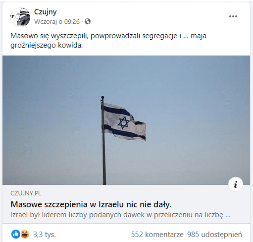 Zrzut ekranu z omawianym postem. Udostępnionym link zilustrowany jest zdjęciem flagi Izraelskiej na tle błękitnego nieba.