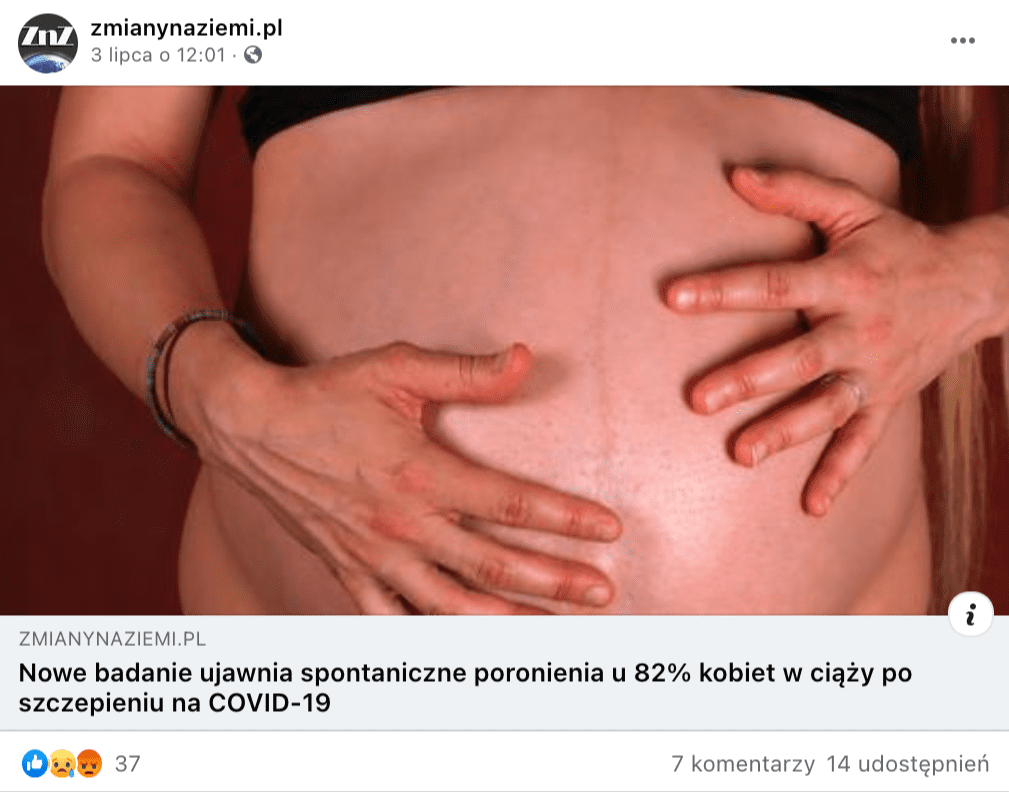 Zrzut ekranu posta z profilu facebookowego zmianynaziemi.pl. Do artykułu dołączono zdjęcie, na którym widać fragment ciała ciężarnej kobiety trzymającej obie dłonie na swoim brzuchu.
