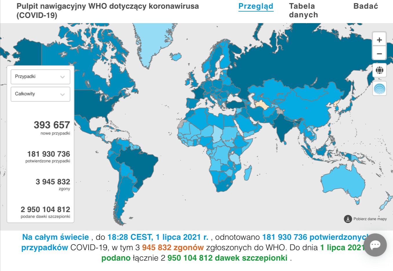 Mapa z danymi WHO prezentująca skalę zachorowań na COVID-19 na świecie.