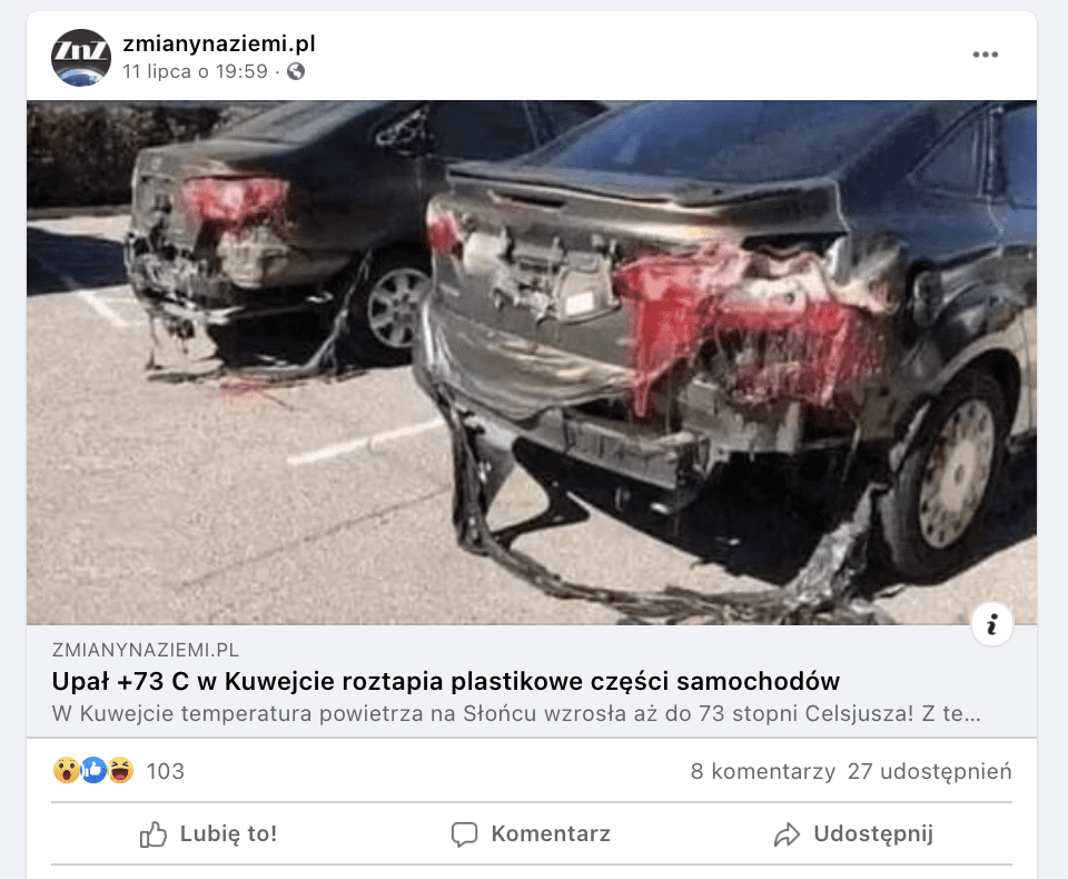 Zrzut ekranu z Facebooka. Link do tekstu odsyłającego do artykułu w serwisie Zmianynaziemi.pl. Widzimy grafikę przedstawiającą dwa samochody, których tylna część karoserii została stopiona.