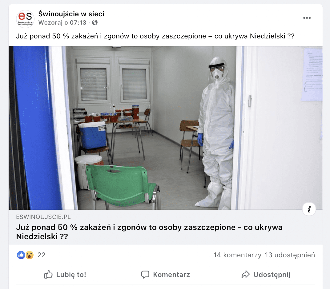 Zrzut ekranu z Facebooka. Fanpage Świnoujście w sieci odsyła do artykułu w serwisie eswinoujscie.pl. Na zdjęciu widzimy osobę ubraną w strój ochronny, która stoi w pomieszczeniu.