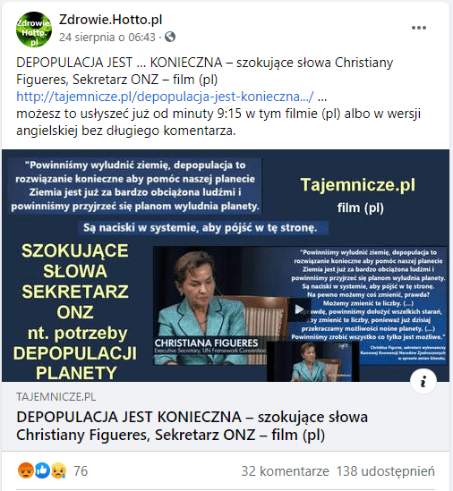 Zrzut ekranu posta na Facebooku. Zilustrowany jest on grafiką przedstawiającą słowa Figueres oraz jej dwa zdjęcia, na których dojrzała kobieta w jasno niebieskim żakiecie siedzi na krześle.
